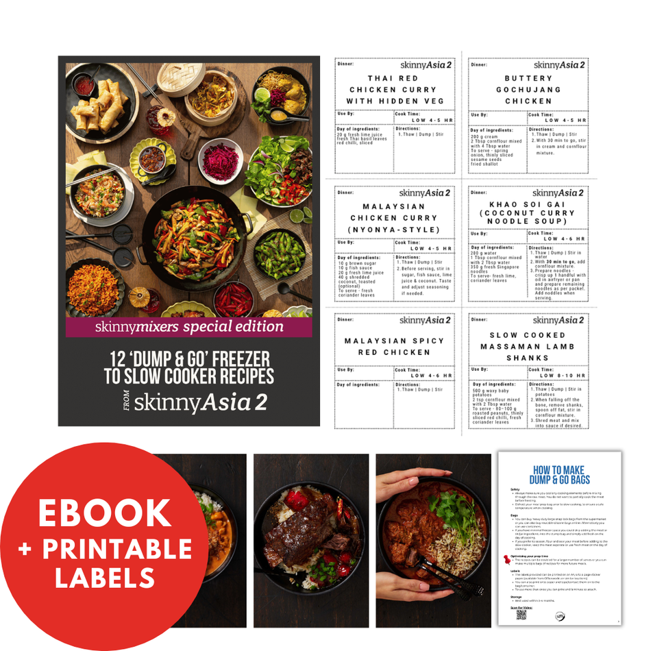 12 'Dump & Go' Freezer to Slow Cooker Recipes from SkinnyAsia2 e-Book + printable labels